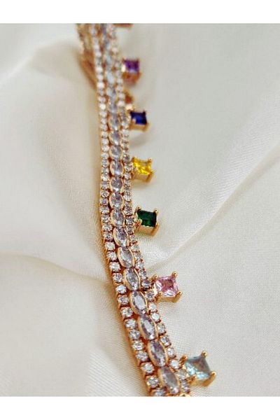 Eva Takı Zircon Colored Jewelled Handcuff Gold Plated Bracelet