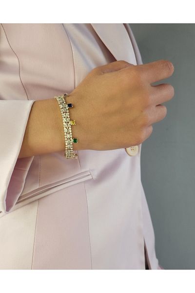 Eva Takı Zircon Colored Jewelled Handcuff Gold Plated Bracelet