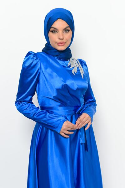 Matik Abiyem Omuzu Taşlı Saten Tasarım Elbise Abiye