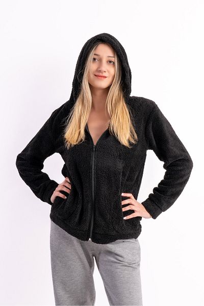 Sweets Collection Unisex βελούδινο μαύρο μπουφάν με κουκούλα Fleece Welsoft
