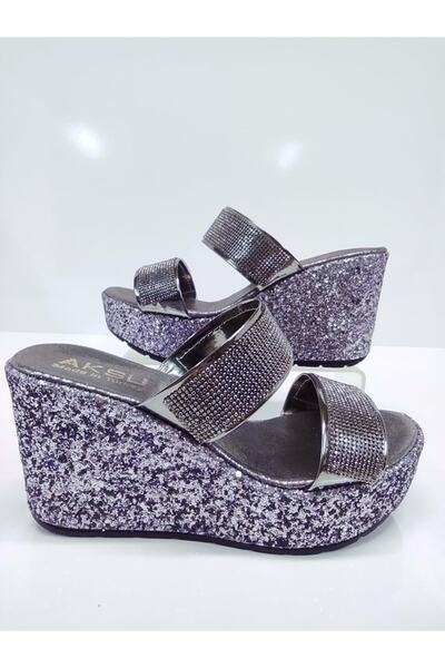 OEM AKSU 600 MODEL PLATINUM COLOR HIGH PADDED HEELS Rhinestone and GLitter Detailed TAPED WOMEN'S Evening Dress SLIPPERS PLATINUM