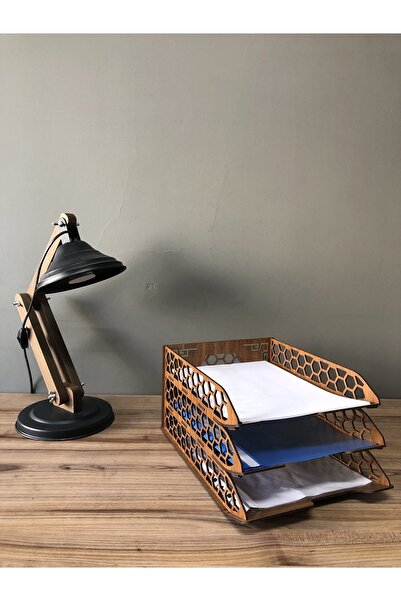 LandiWork Ahşap 3 Katlı Evrak Rafı, Ahşap Ceviz Petek Dosyalık, Katlı Evrak Rafı, A4 Dosyalık