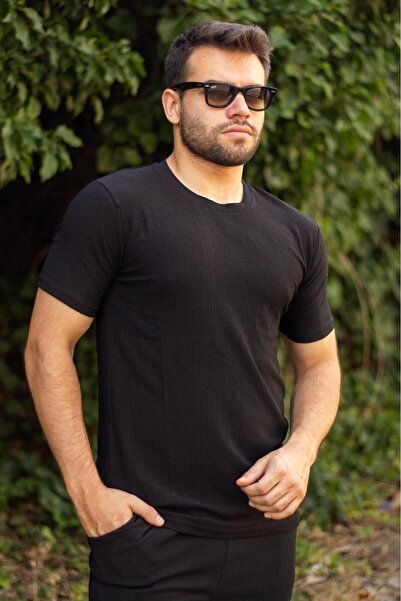 Azıcık Akıllı Men's Black Crepe Fabric Comfortable Loose Stretchy Crew Neck T...