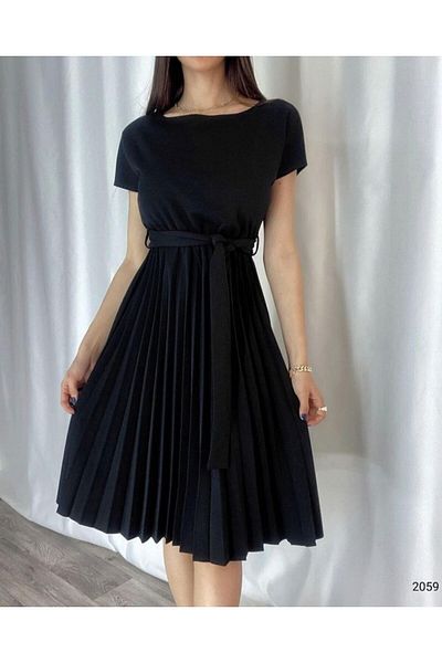 rengafashion Fusta neagra de dama cu talie plisata Rochie din stofa creponata cu curea