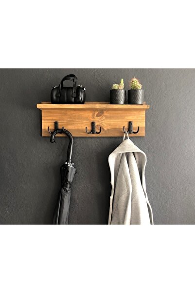 O&A WOOD Doğal Ahşap Vestiyer, Dekoratif 3 Askılı Portmanto, Raflı Vintage El...