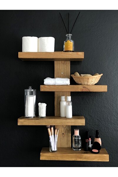 O&A WOOD Doğal Ahşap Dekoratif Minimal Duvar Rafı,4 Katlı Vintage, Retro Ahşa...