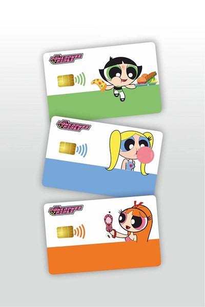 Namgo Σετ αυτοκόλλητων με επικάλυψη Powerpuff Girls 3 τεμαχίων πιστωτικής κάρτας, αυτόματης πληρωμής και κάρτας