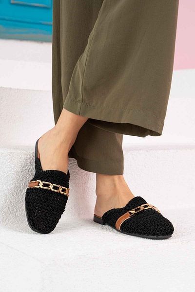 New Optimal Black Estelya Slippers - Chain Belt and Embroidery Detail