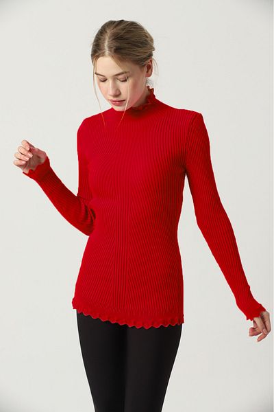 VEGENZE Women's Red Sleeve and Collar Lace Ruffle Detail Half Turtleneck Knitwear Sweater