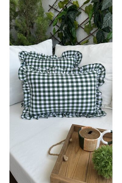 Decamor home Husă de pernă vintage cu volane, lenjerie, verde, husă de pernă boemă 1 buc