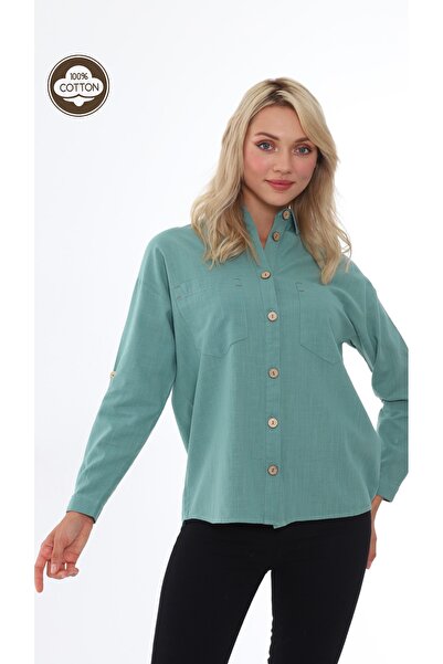 EVS WOMAN Kadın Keten Düğme Detaylı Çift Cepli Gömlek