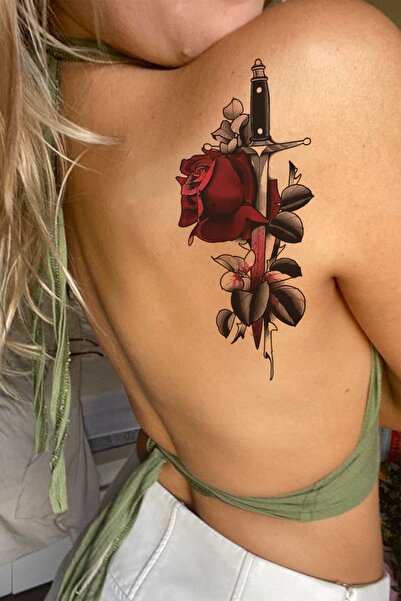 BP Tattoo Gerçekçi Dövme Görünümlü Gül Ve Kılıç Dövmesi Unisex Tattoo