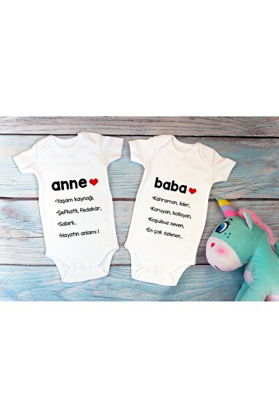 TUĞBABABY Özel Tasarım Anne Baba-1 Ikili Bebek Body Beyaz Badi Zıbın