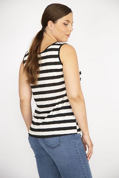 Şans Women's Black Plus Size Crew Neck Sleeveless Striped Blouse 65n36531