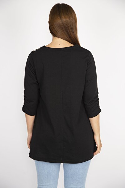 Şans Női fekete, molett kővel hímzett V-nyakú ujjú gumi húzózsinóros blúz 65n36662