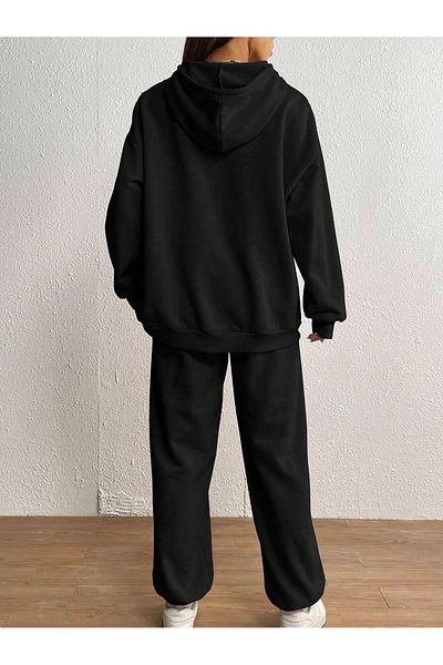 MODARİCH Brooklyn 89 Combination Bottom Top Tracksuit Set - Black Printed Oversize Rubber Leg Hooded