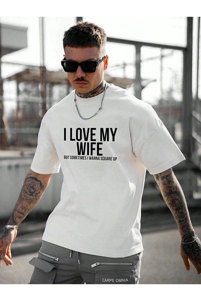 Keywest Ανδρικό μπλουζάκι I Love My Wife Μπροστινή λεπτομέρεια με στάμπα Oversize Crew Neck 100% βαμβακερό λευκό μπλουζάκι