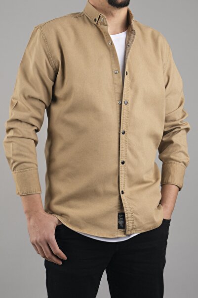 bombe Ανδρικό τζιν πουκάμισο σε μπεζ Slim Fit