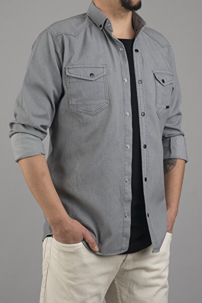 bombe Cămașă din denim pentru bărbați, slim fit, strâns, gri