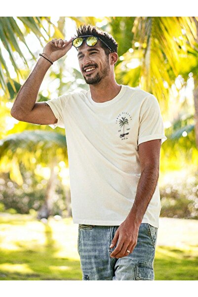 Keywest Büyük Beden Erkek Santa Barbara Ön ve Sırt Baskılı Oversize Bisiklet Yaka %100 Pamuk Beyaz Tshirt
