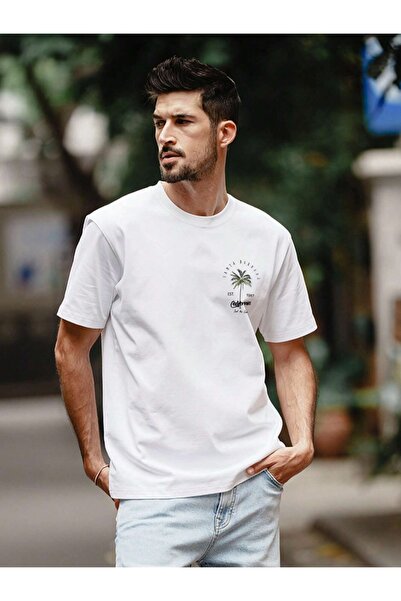 Keywest Büyük Beden Erkek Santa Barbara Ön ve Sırt Baskılı Oversize Bisiklet Yaka %100 Pamuk Beyaz Tshirt