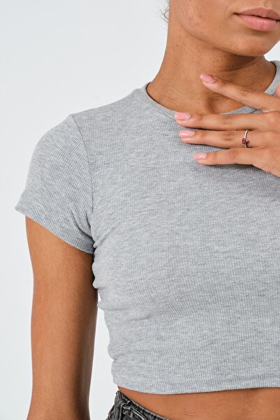 PUNKY CAT Women's Gray Crew Neck Short Sleeve Crop Basic Blouse