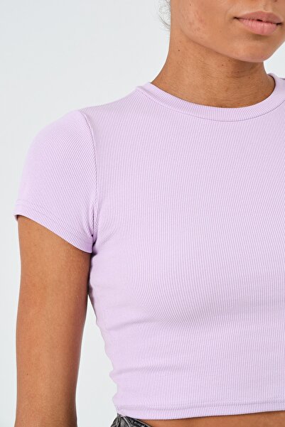 PUNKY CAT Women's Lilac Crew Neck Short Sleeve Crop Basic Blouse