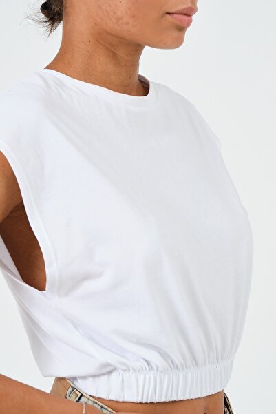 PUNKY CAT Women's White Elastic Waist Crop Sleeveless T-Shirt