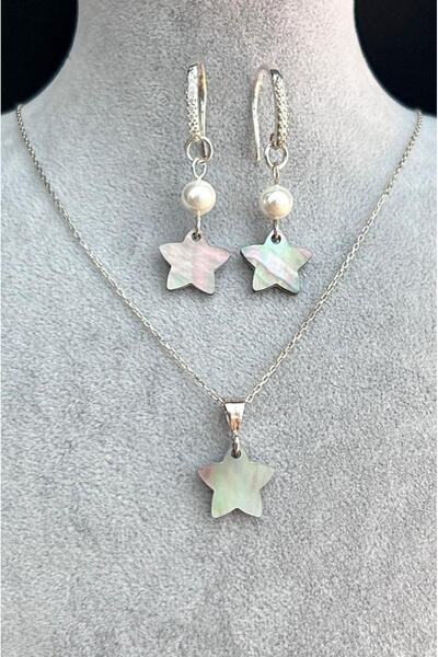 CRAZY TAKI TASARIM 925 Ayar Gümüş Hakiki Sedef & Mayorka Inci Kolye-küpe Set