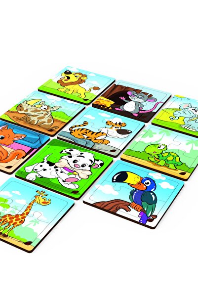 minİQ toys minIQ toys Ahsap 10'lu Mini Puzzle Seti -Afacan Kopek,Saskin Kedi,Gurultucu Aslan,Cuce Zurafa...