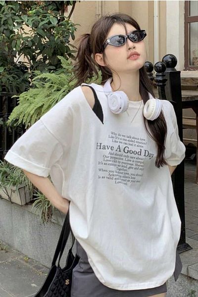 AMMA Unisex White Have A Good Day Printed Oversize Shoulder Slit Λεπτομερές μπλουζάκι Boyfriend