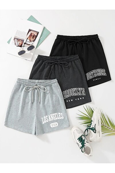 Jaxet Unisex Siyah Füme Gri 3'lü Baskılı Şort