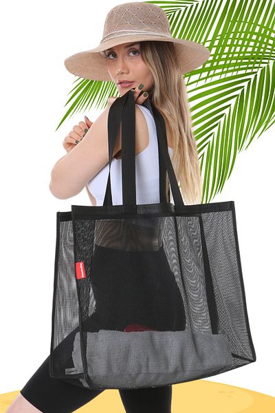 Serkan Çanta Bez Çanta Atölyesi Jumbo Size Black Mesh Beach Bag