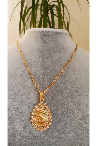 NETİCE ÖYLEK 22 Ayar Altın Kaplama Zirkon Taşlı Oval Tuğralı Kolye