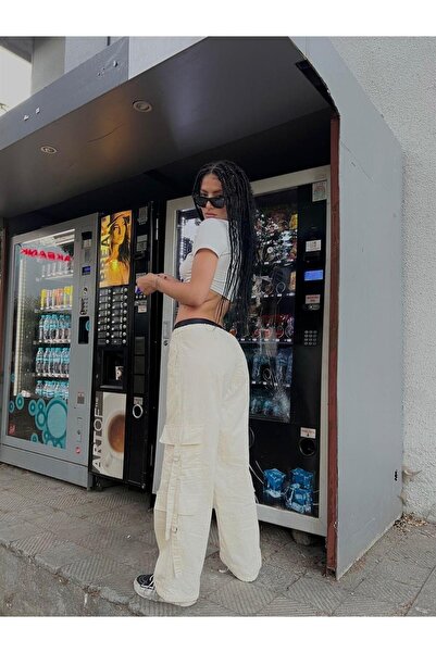 Touz Y2k Tactical - White Cargo Pants with Pockets and Elastic Waist