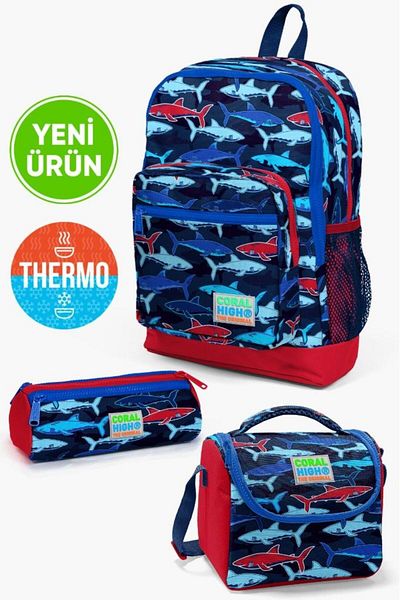 Coral High Kids Navy Blue Red Shark Patterned 3-Piece School Bag Set GOSET0123718