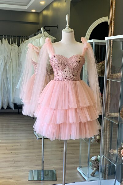 Lenta Moda Pudra Sıvama Dantel Kaplı Mini Gece ve Parti Elbisesi