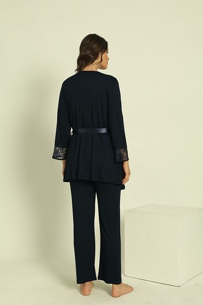 Miss Dünya Lissa Navy Blue Short Sleeve Maternity and Pregnant Pajamas Set with Dressing Gown