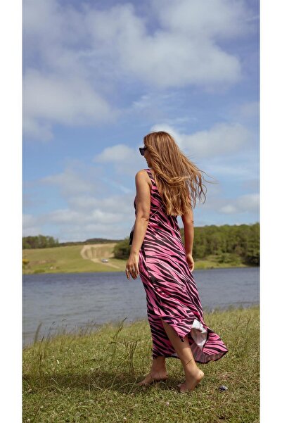 BUKETLİ Zebra Desen Pembe Maxi Tasarım Elbise