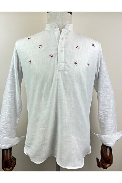 MEGALDİ Erkek Slim Fit Keten Beyaz Palmiye Desenli Üç Düğmeli Uzun Kollu Gömlek