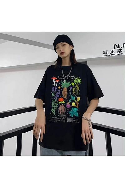 Gofeel Black Color Herbology Printed Unisex Oversize Printed T-Shirt