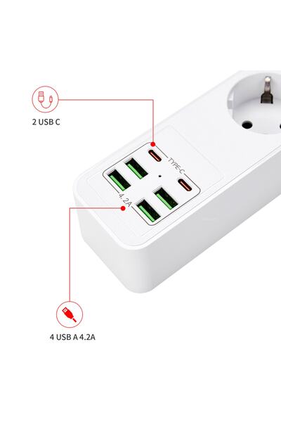 Hobimtek H-01 Hızlı Şarj İstasyonu 3000W 3 lü Priz 2 Metre Uzatma Kablosu Çoklu Priz 4 Usb 2 Type C On/Off