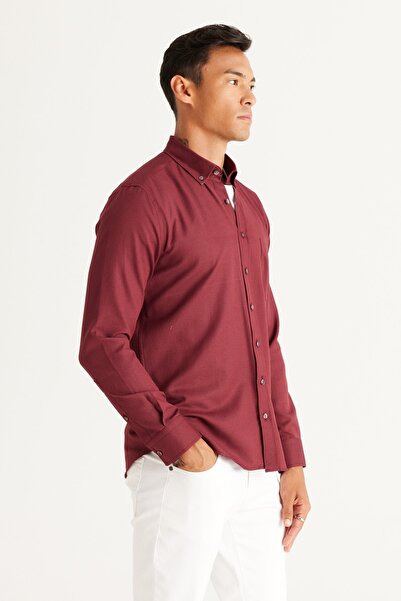 AC&Co / Altınyıldız Classics Men's Burgundy Slim Fit Narrow Cut Button Collar Cotton Pocket Oxford Shirt