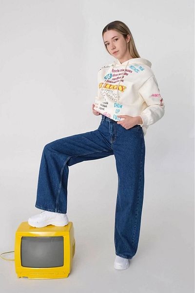DRC trend Sara Mid Deep Blue Lycra Super Extra High Talie Palazzo Pantaloni Jean largi