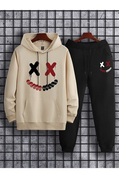 Black Sokak Blacksokak Men's Beige Smile Printed Tracksuit Set