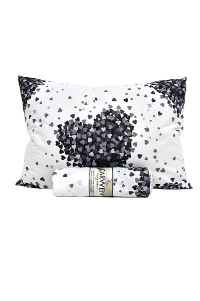 CARWEN TEKSTİL RANFORCE COTTON DOUBLE PERSON 180X200 RUBBER SHEET SET and 2 PILLOW COVERS BLACK HEART PATTERN