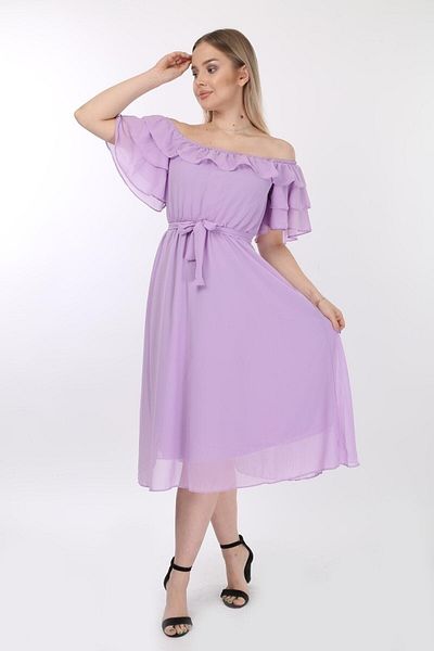 Azra Style Rochie de damă Carmen cu guler cu volan și curea din șifon, liliac, pe umăr
