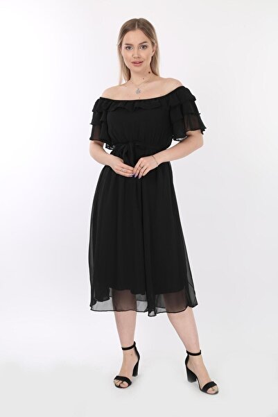 Azra Style Rochie neagră din șifon cu volan pentru femei