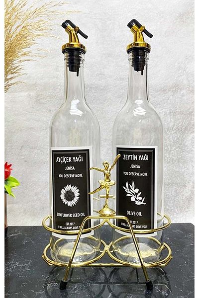Jenisa 750Ml Transparent Bottle with Gold Stand Ballerina Figure Oil Pot with Gold Spout Label