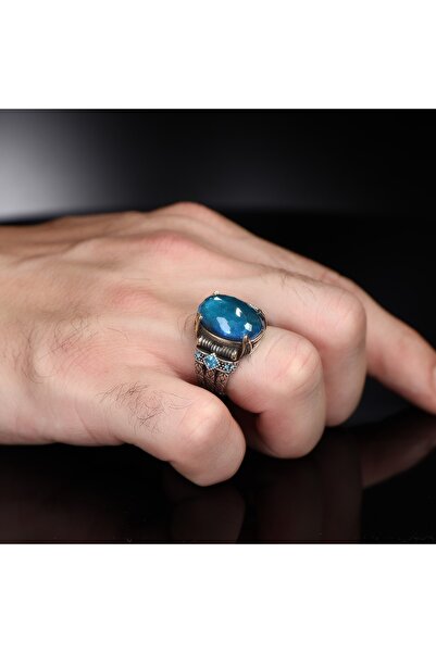 RevSilver Zincir Gümüş 925 Ayar Erkek Yüzük Oval Akuamarin Taşlı Lüks Takı